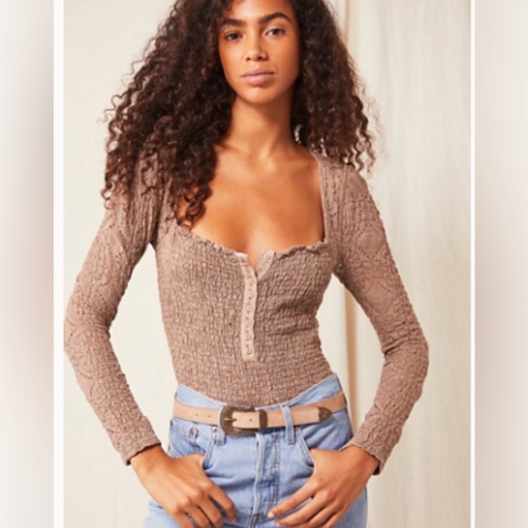Free People Tops - NWT Free People M smocked Confection Long Sleeve Top Lace Mushroom color